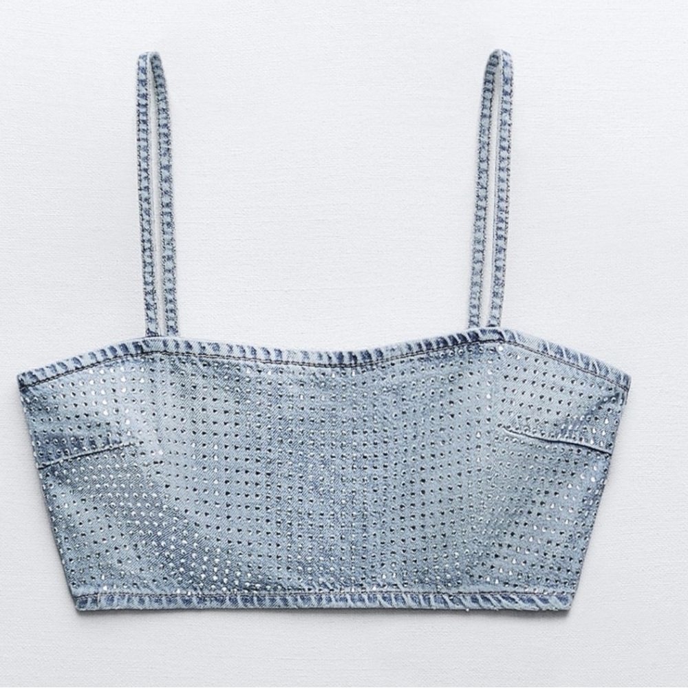 Zara Rhinestone TRF Denim Crop Top